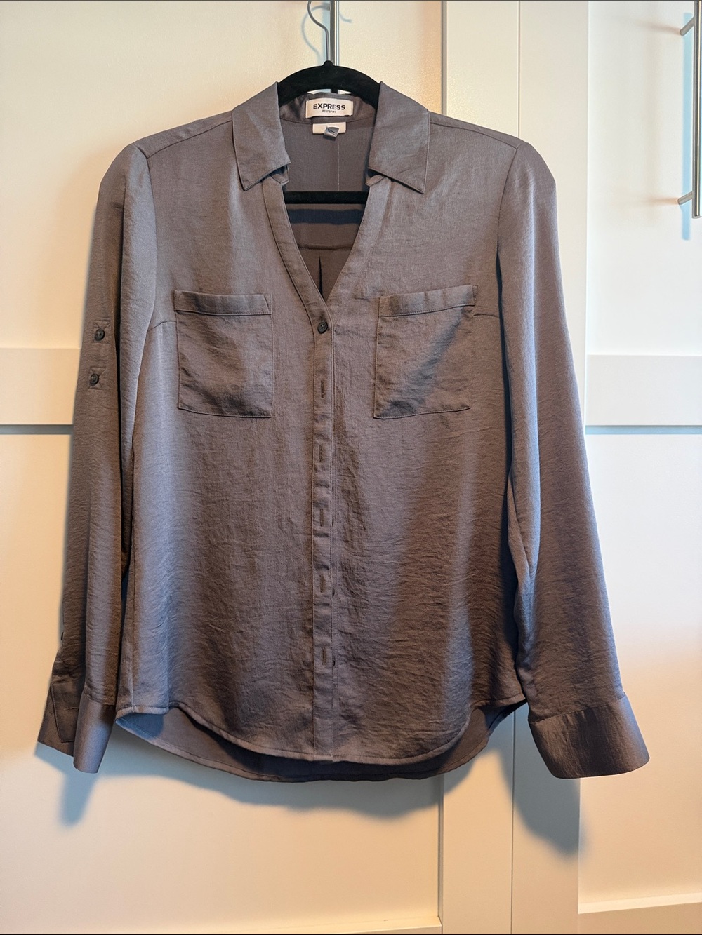 Express Gray Button-Front V-Neck Blouse